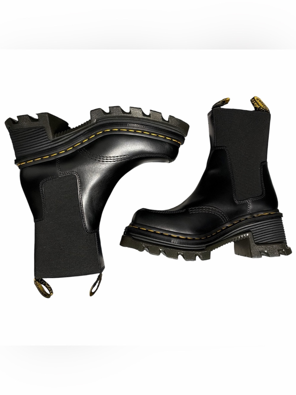 Black Leather Lug Sole Chelsea Boots with Yellow Stitching